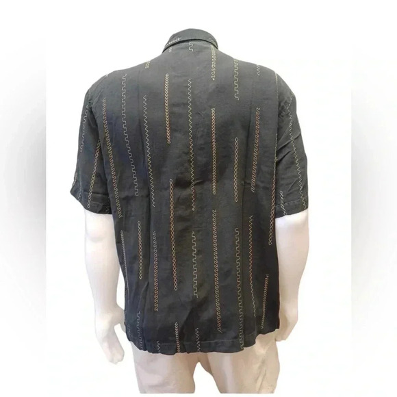 Cotton Reel 100% Silk Black Gold Button Down Short Sleeve Shirt Size L - Picture 4 of 11